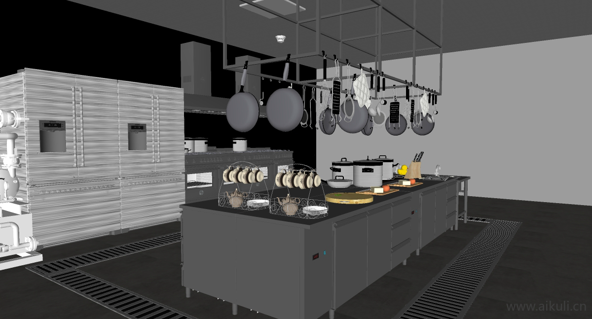 现代餐饮厨具酒店中央厨房后厨商用厨房F-SU模型