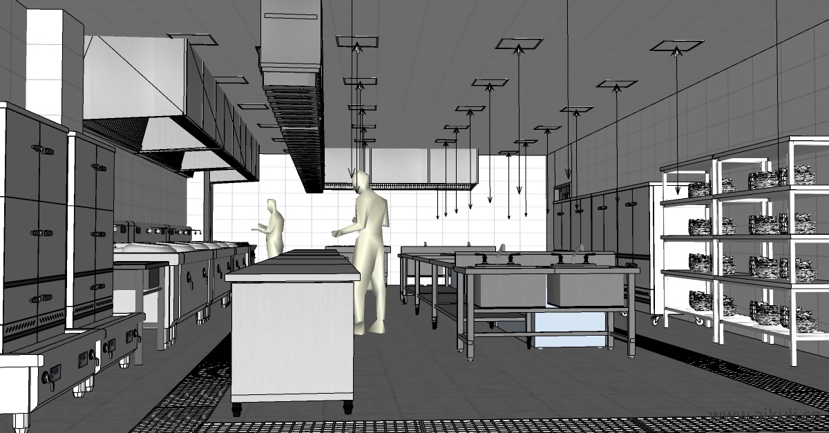现代餐饮厨具酒店中央厨房后厨商用厨房E-SU模型