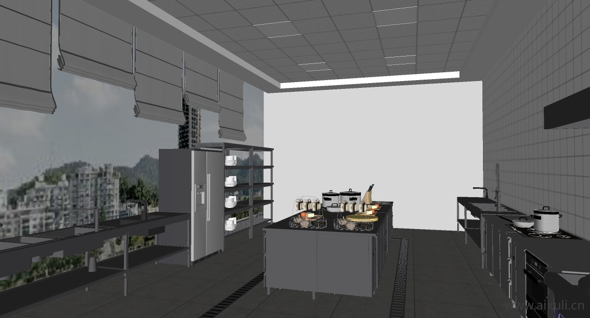 现代餐馆后厨_餐饮后厨_厨具_酒店后厨_商用厨房F-SU模型