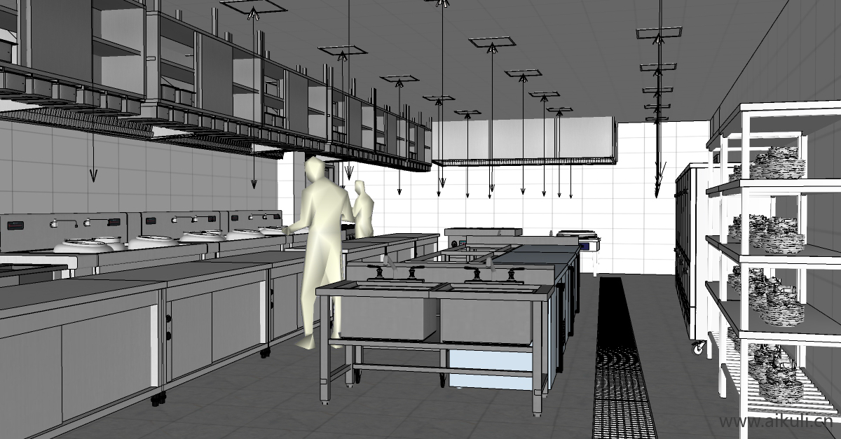 现代餐饮厨具酒店中央厨房后厨商用厨房E-SU模型