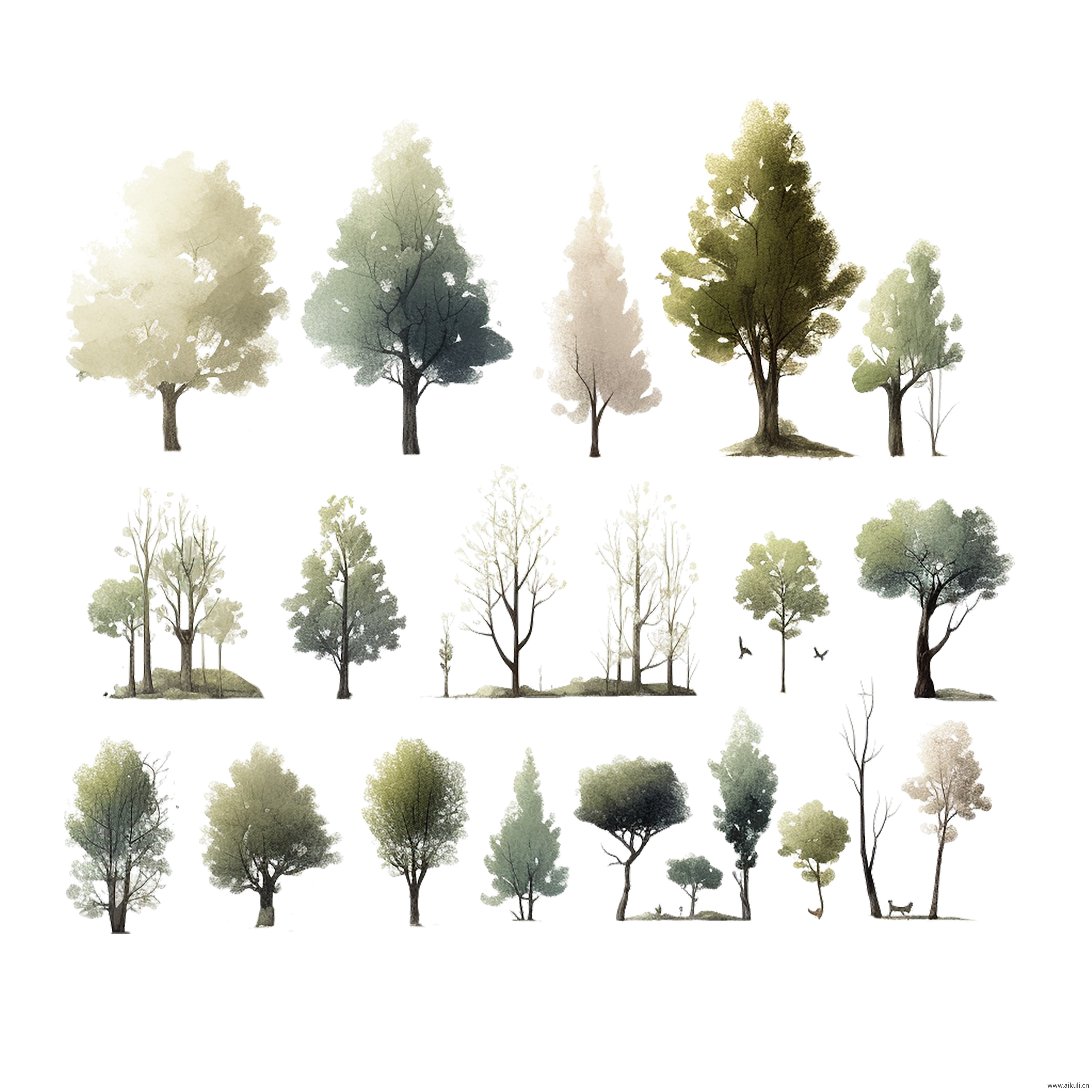 手绘淡彩树插画植物小清新鸟PNG免扣