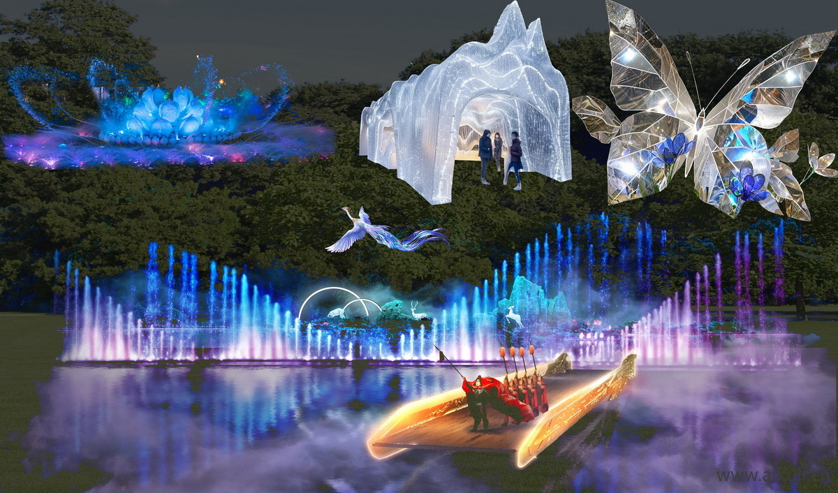 现代灯光亮化H夜景夜游小品装置文旅景区灯光亮化工程PS素材