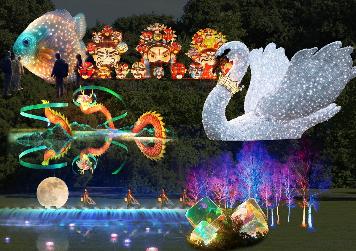 夜景夜游小品装置文旅景观景区D灯光亮化工程 PSD效果图素材