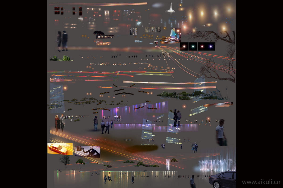现代光影城市亮化夜景灯光夜晚特效ps免抠
