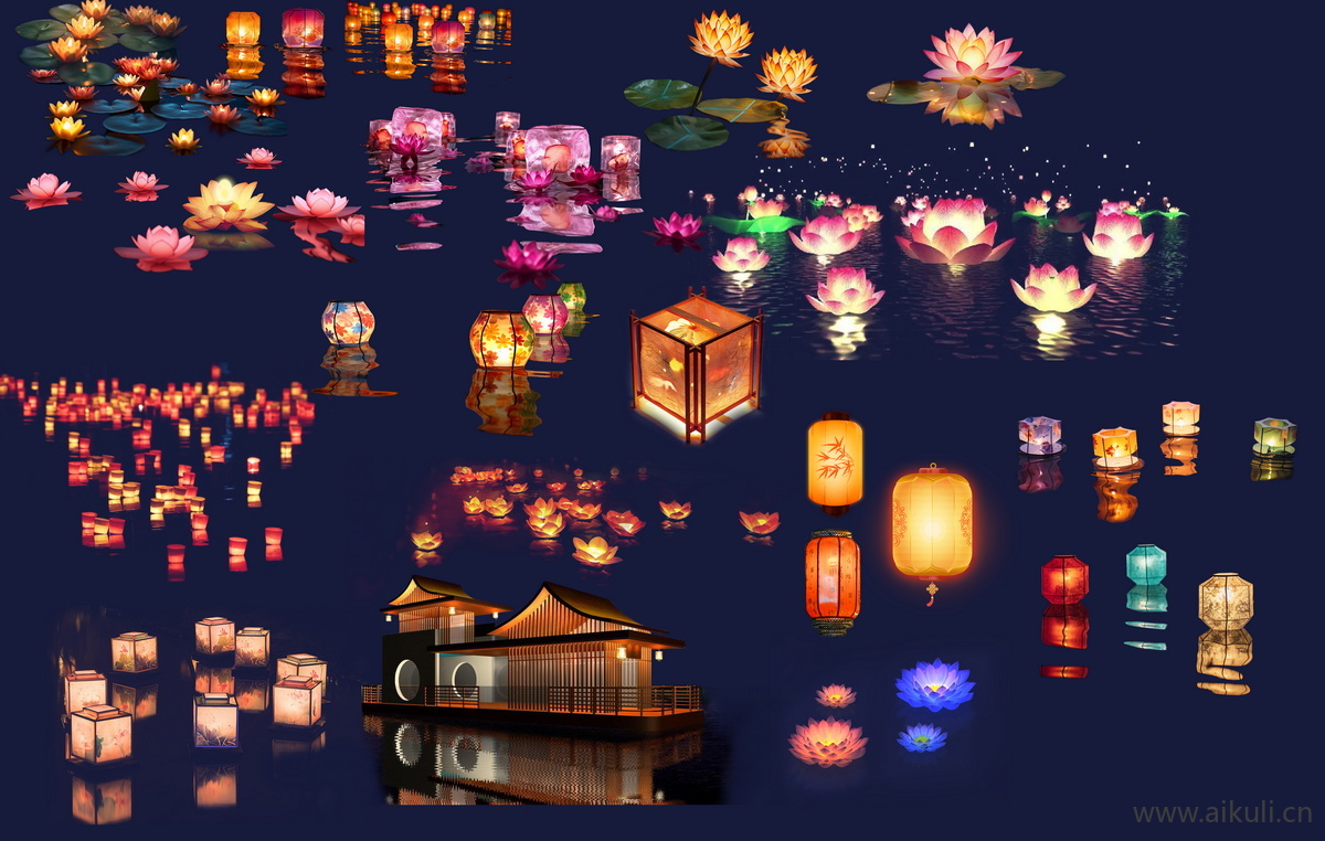 烟花礼花夜景C灯笼河灯氛围特效PSD分层
