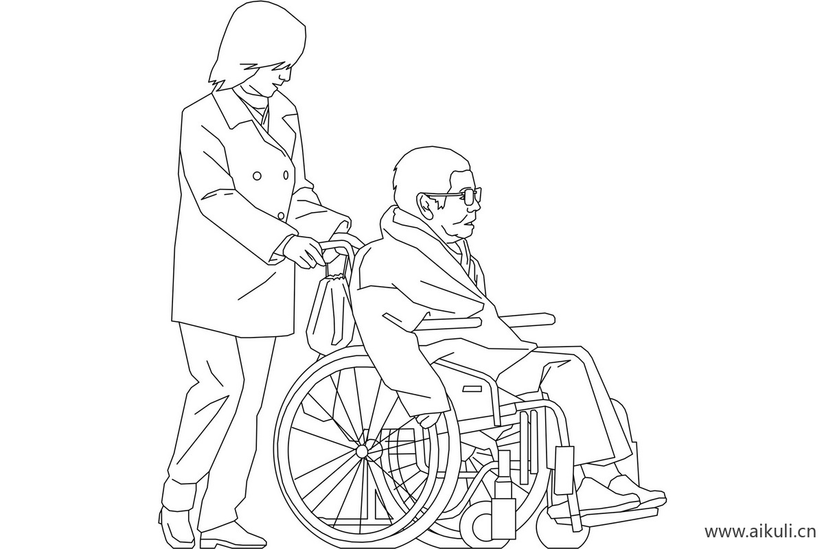 线稿风老人坐轮椅拐杖I活动人物 PS素材