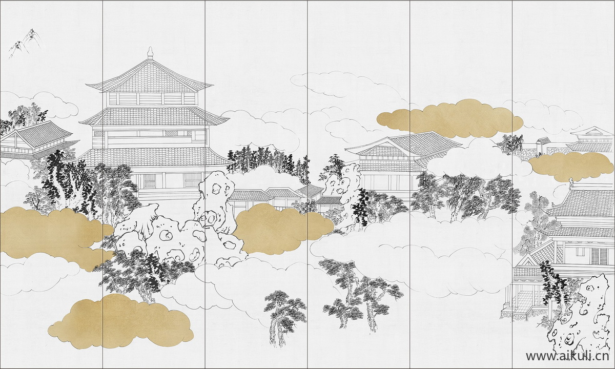 中式山水壁画O屏风