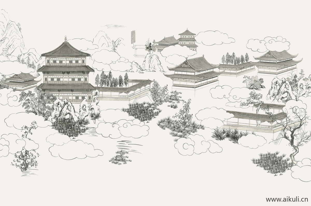新中式背景墙装饰挂画壁纸画Y贴图