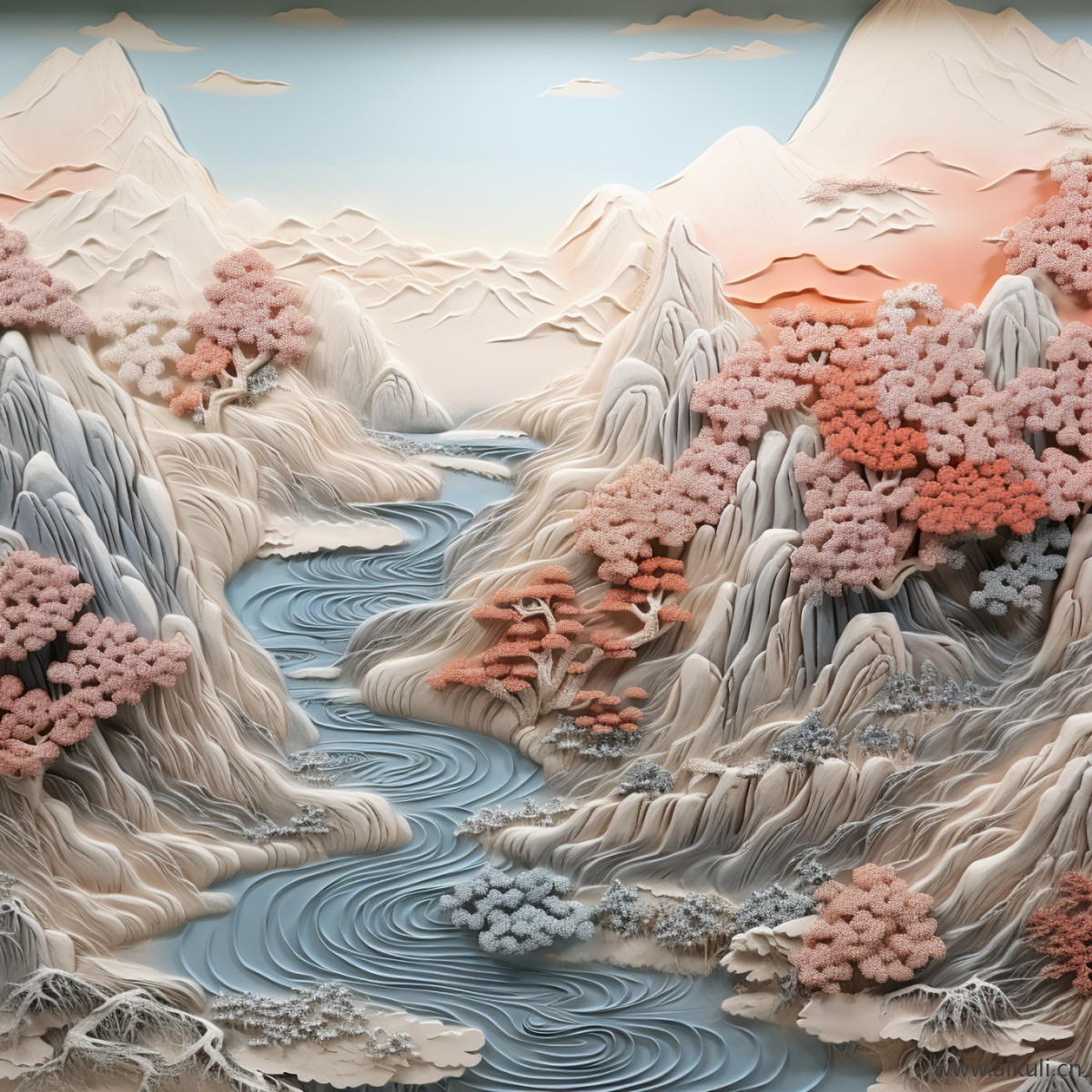 新中式K浮雕山水壁画