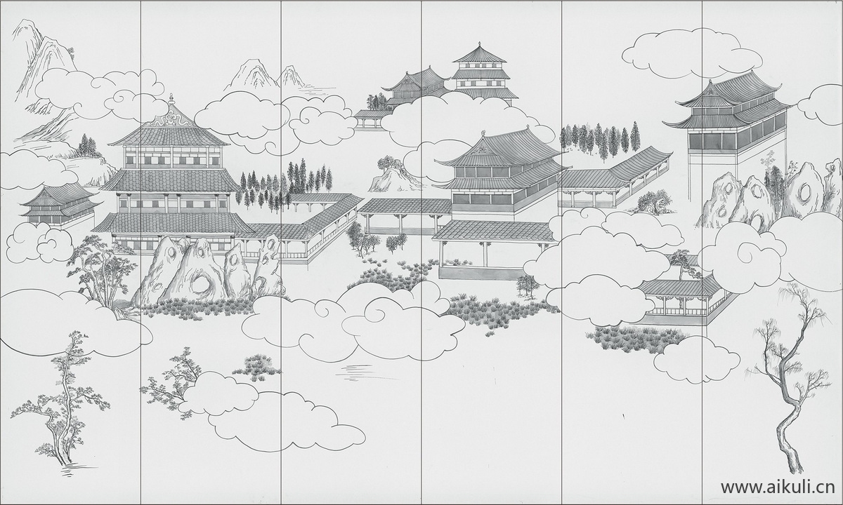 中式山水壁画N屏风