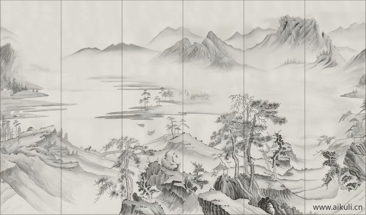 中式山水壁画D屏风