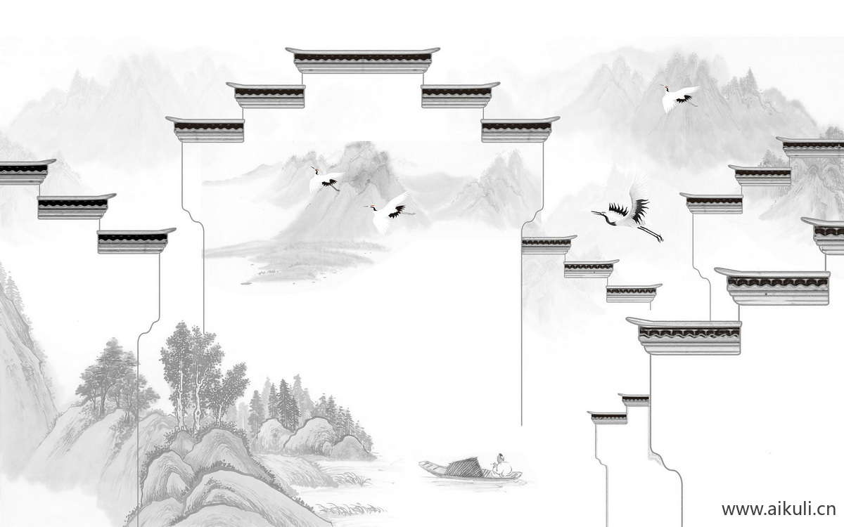 中式山水壁画H灰派系风格