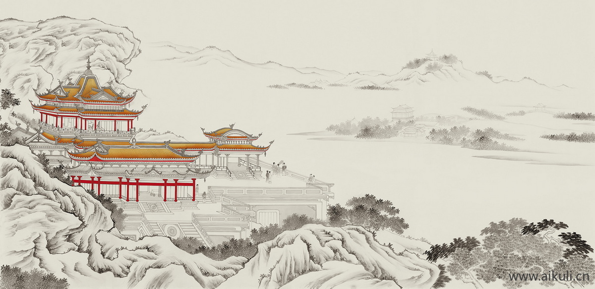 中式山水壁画R屏风