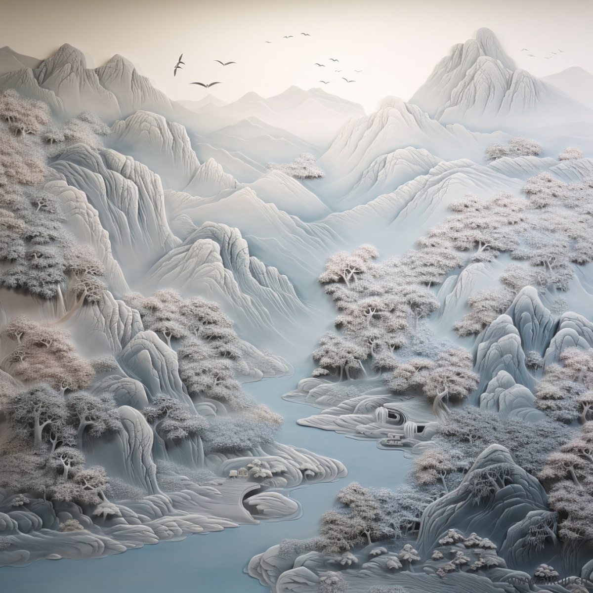 新中式Q浮雕山水壁画