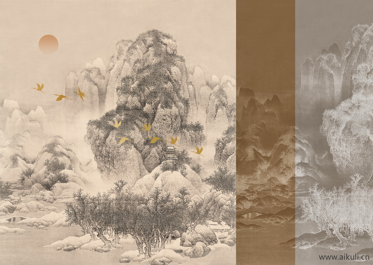 新中式背景墙装饰挂画壁纸画M贴图