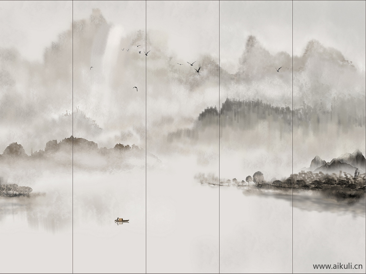 中式山水壁画P屏风