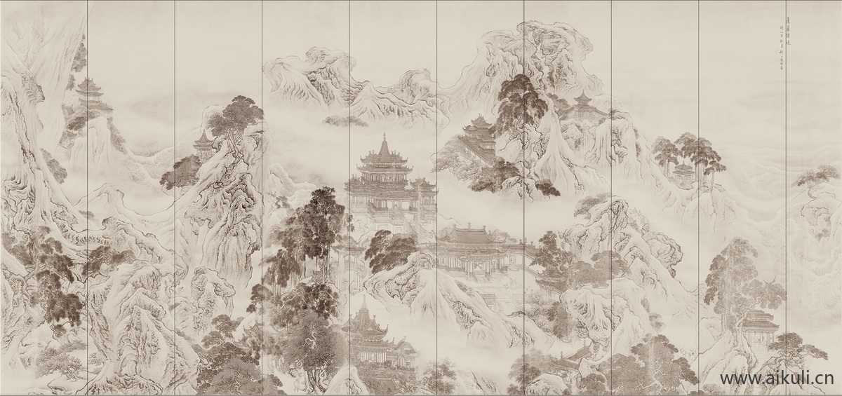 中式山水壁画K屏风