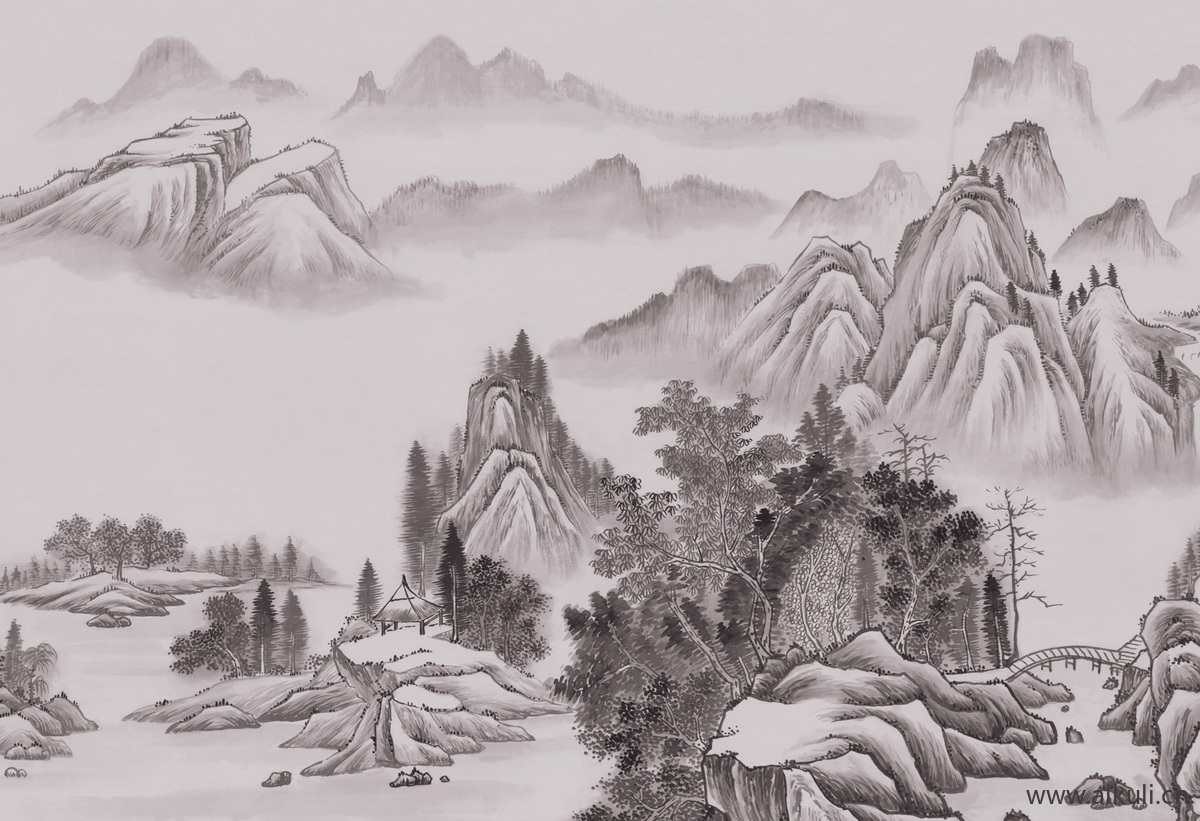 中式山水壁画W山景中国画