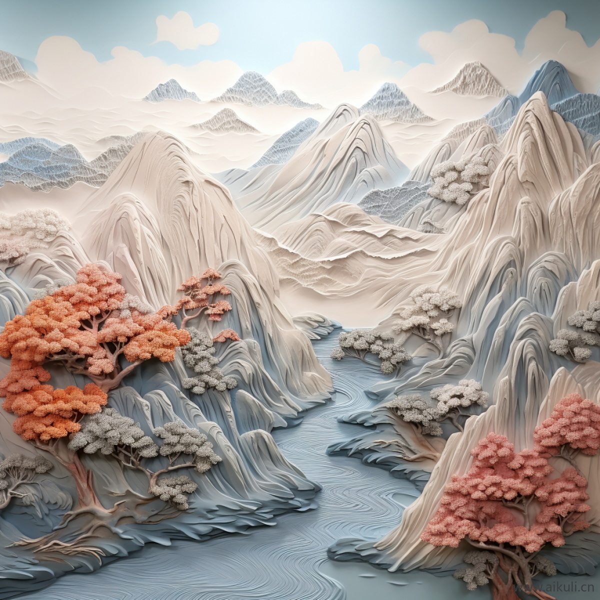 新中式N浮雕山水壁画
