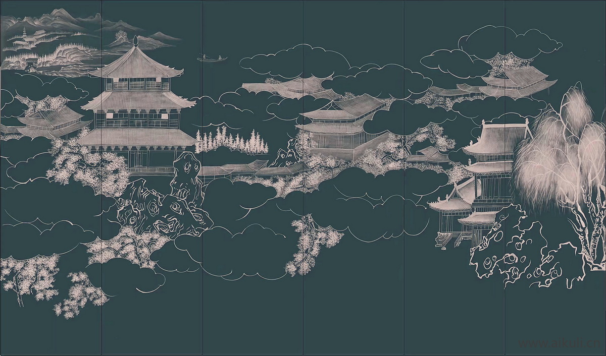 新中式背景墙装饰挂画壁纸画C贴图