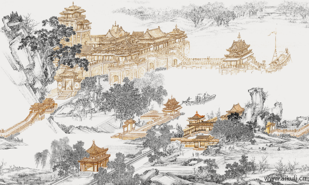 中式壁纸贴图新中式禅意山水建筑中式花鸟背景墙装饰挂画壁纸画材质贴图