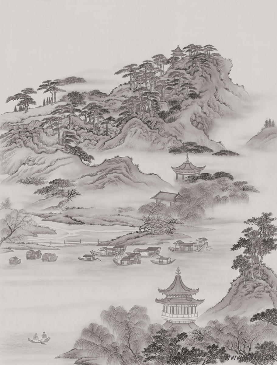 中式山水壁画BB屏风