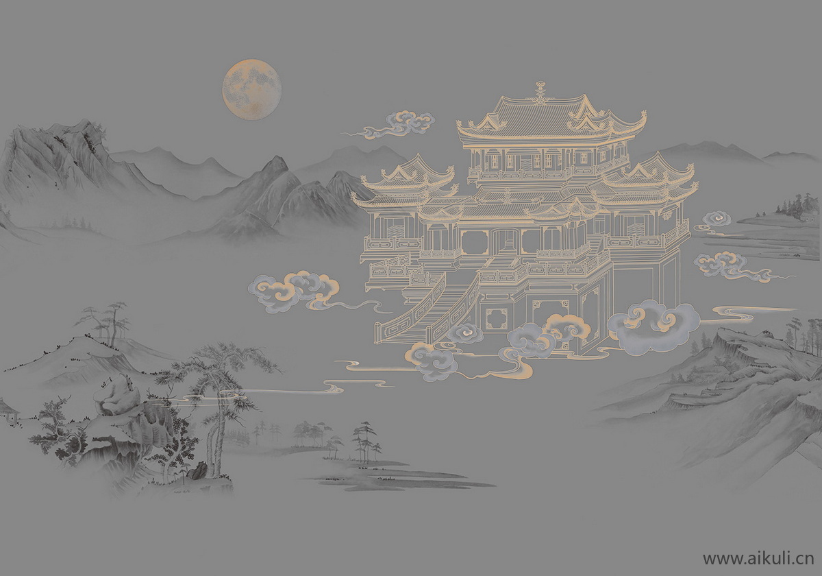 中式山水壁画U屏风