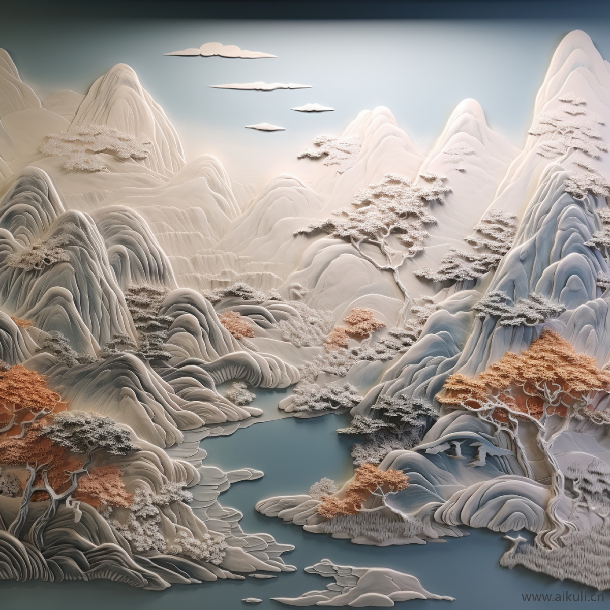 新中式U浮雕山水壁画