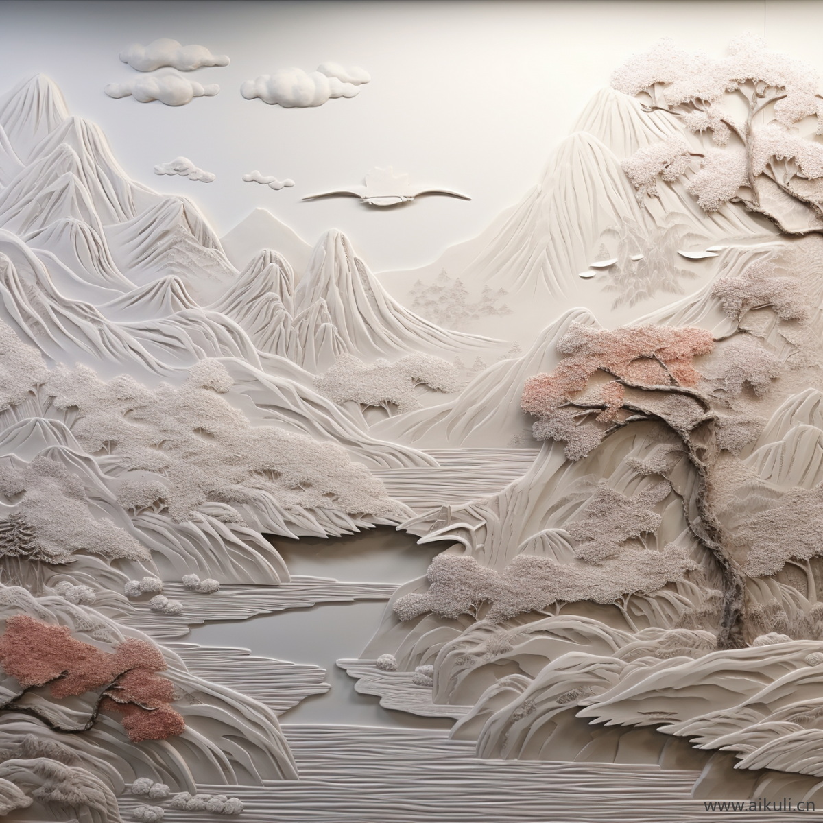 新中式V浮雕山水壁画