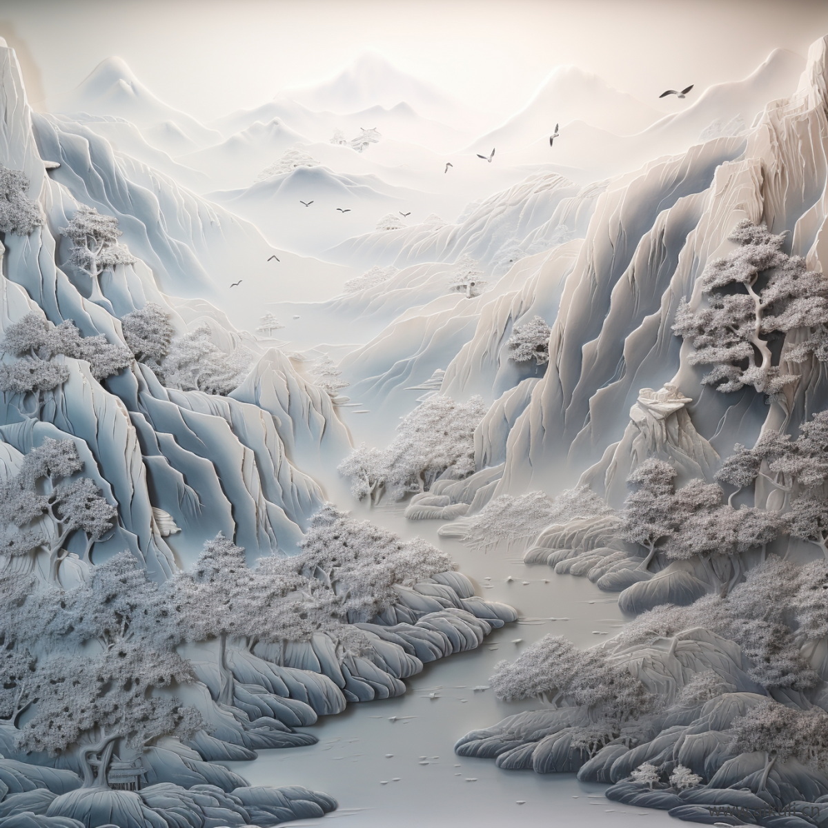 新中式D浮雕山水壁画