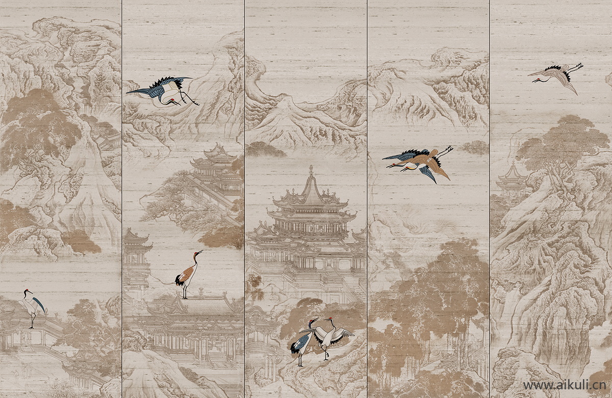新中式背景墙装饰挂画壁纸画D贴图