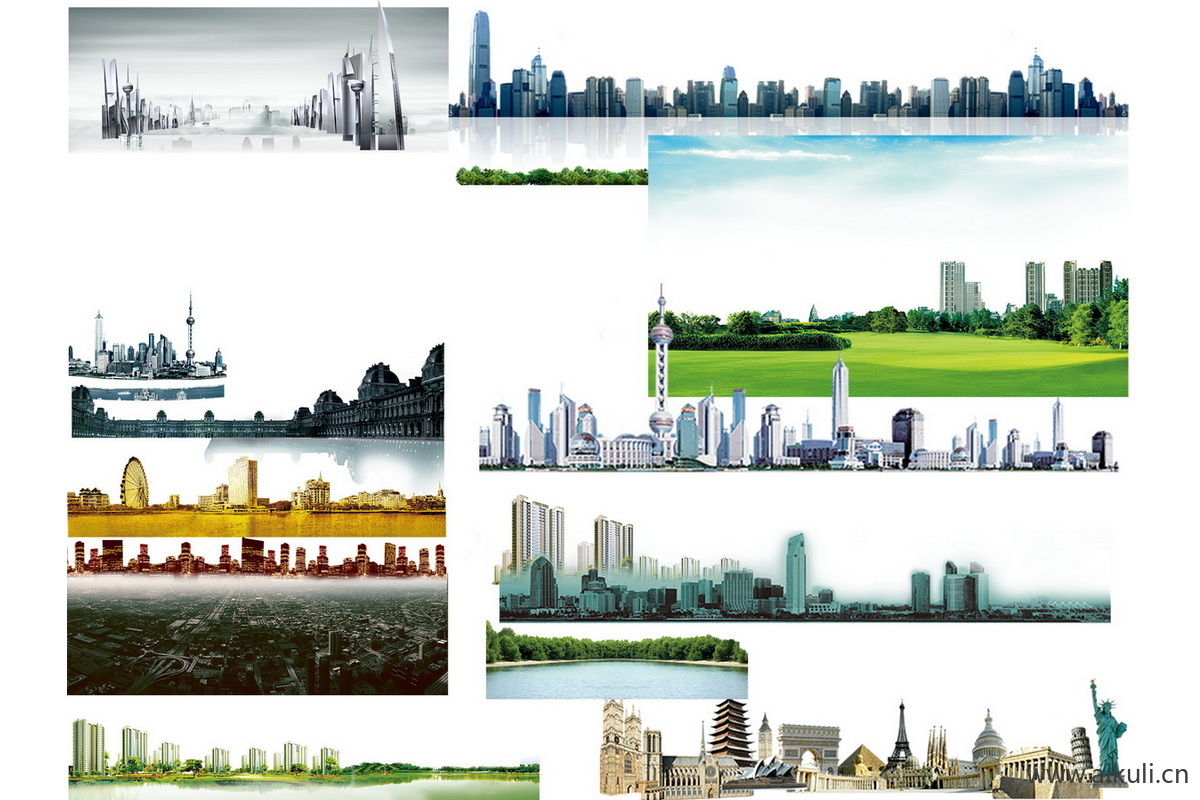 景观远景建筑群楼背景配景城市外景psd免抠