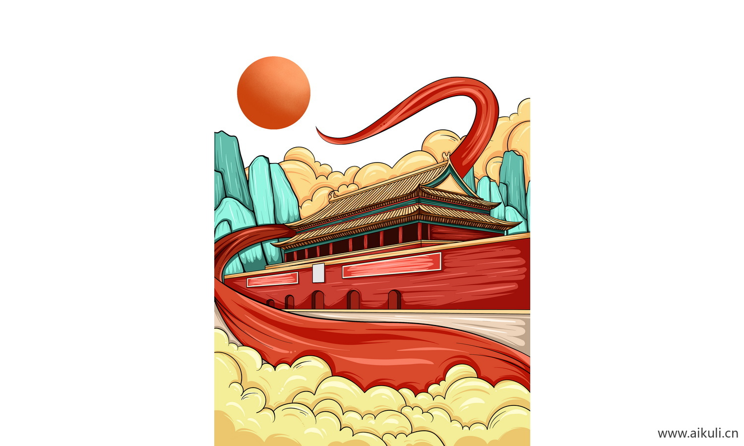 手绘插画U背景天安门建筑psd素材