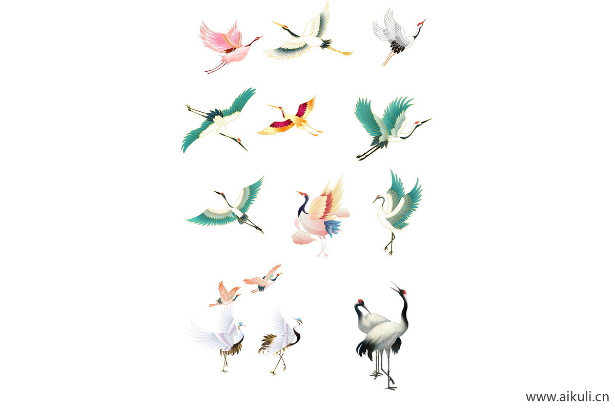 国潮仙鹤A元素组合插画PSD素材
