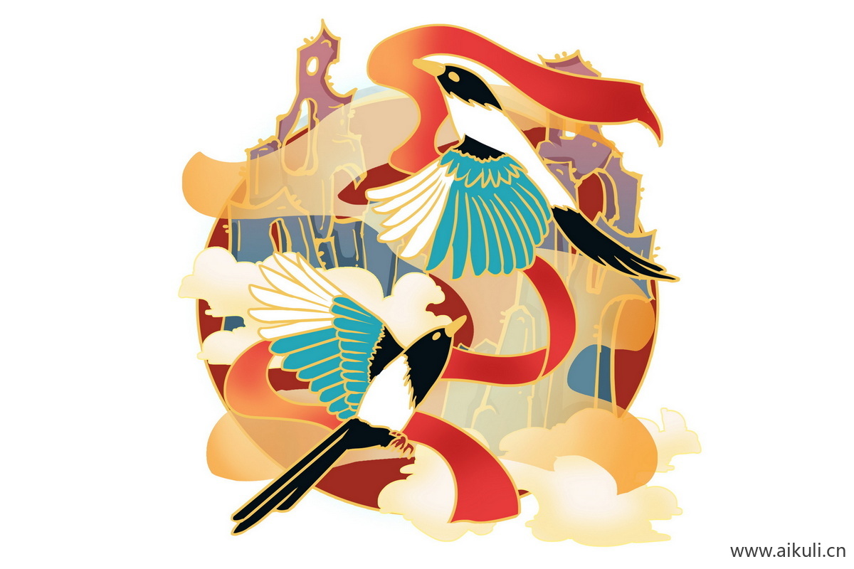 七夕情人牛郎织女鹊桥相会国潮插画ps