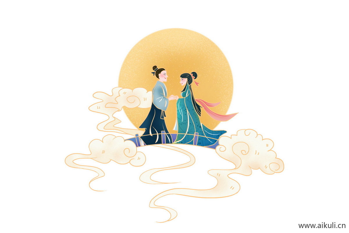国风七夕情人P牛郎织女鹊桥相会国潮插画psd素材
