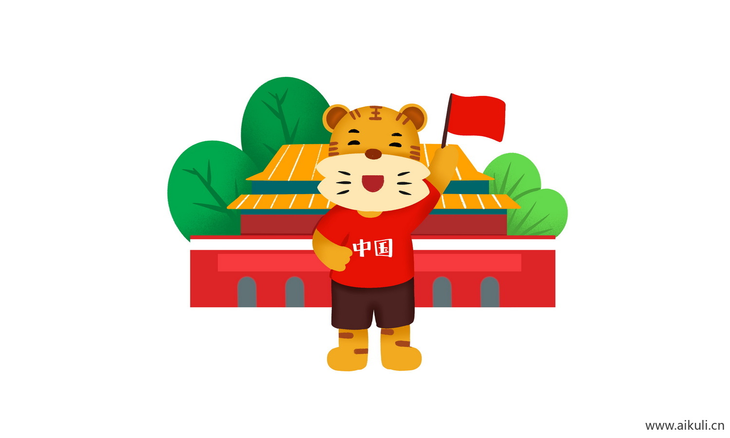 中国风红色节日背景天安门建筑S手绘插画psd素材