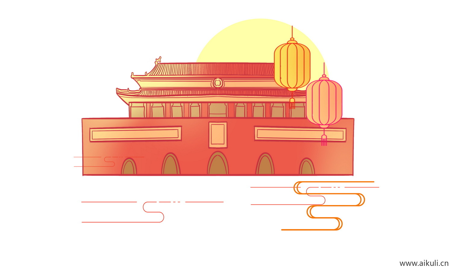 中国风红色节日背景天安门建筑C手绘插画psd素材