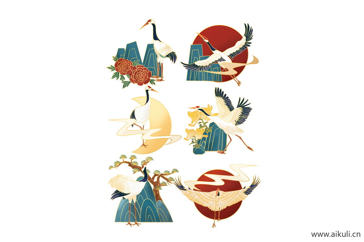 仙鹤动物B国潮元素插画PS素材