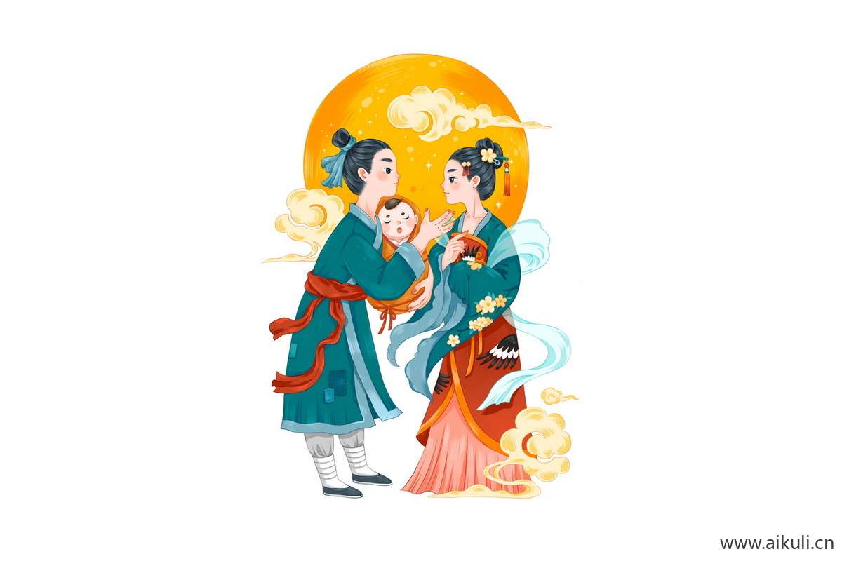 国风七夕情郎织女国潮插画psd素材