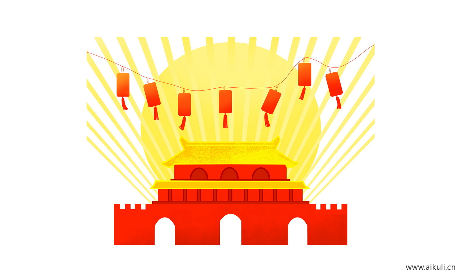 中国风红色节日背景天安门建筑U手绘插画psd素材