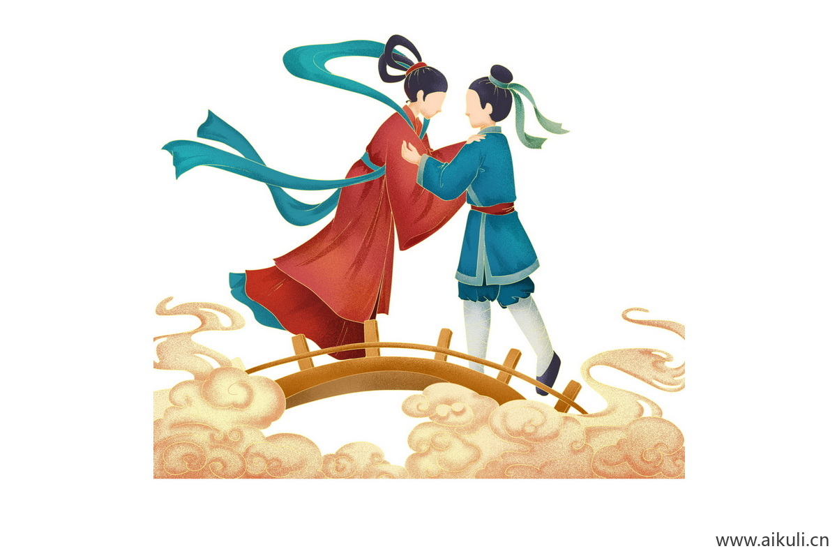 国风七夕情人Q牛郎织女鹊桥相会国潮插画psd素材