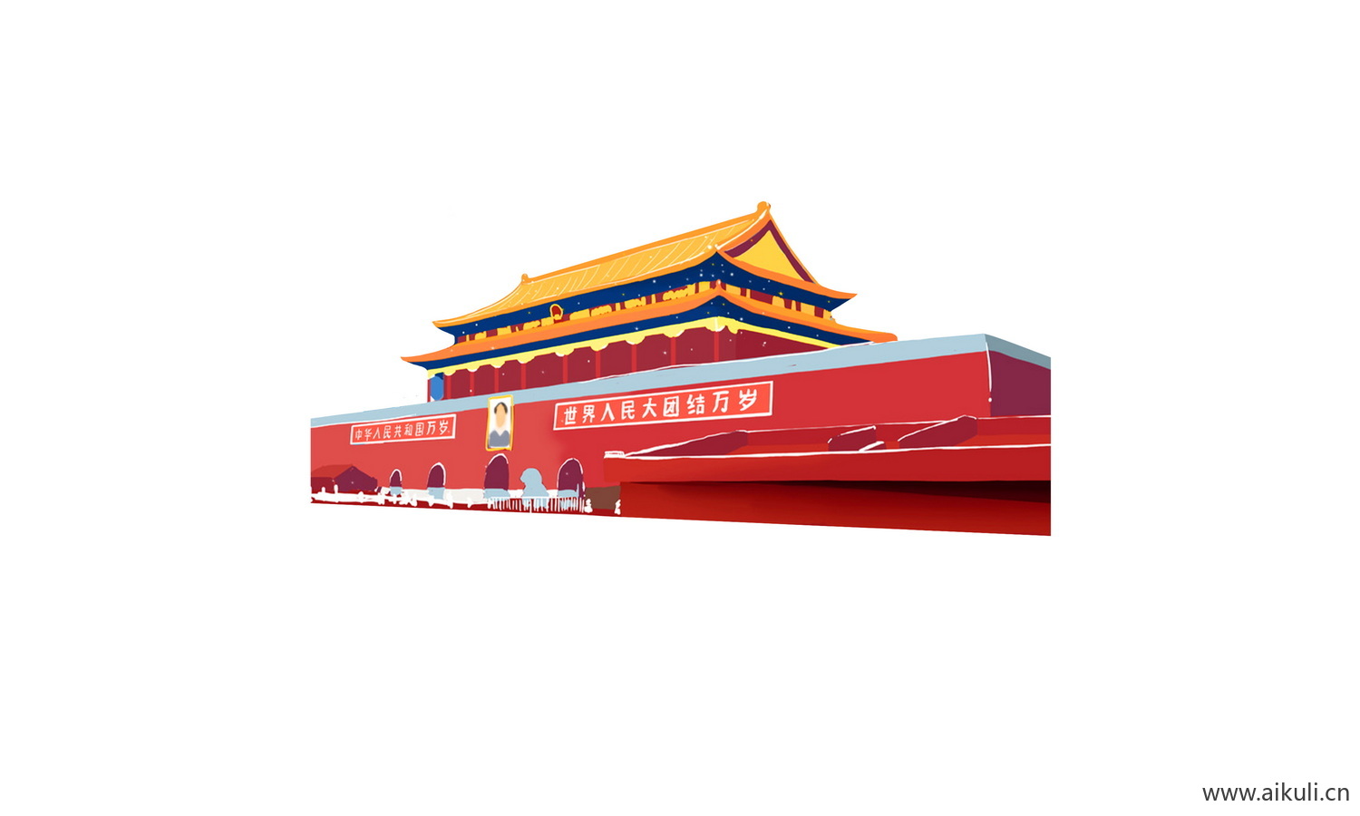 中国风红色节日背景天安门建筑Q手绘插画psd素材