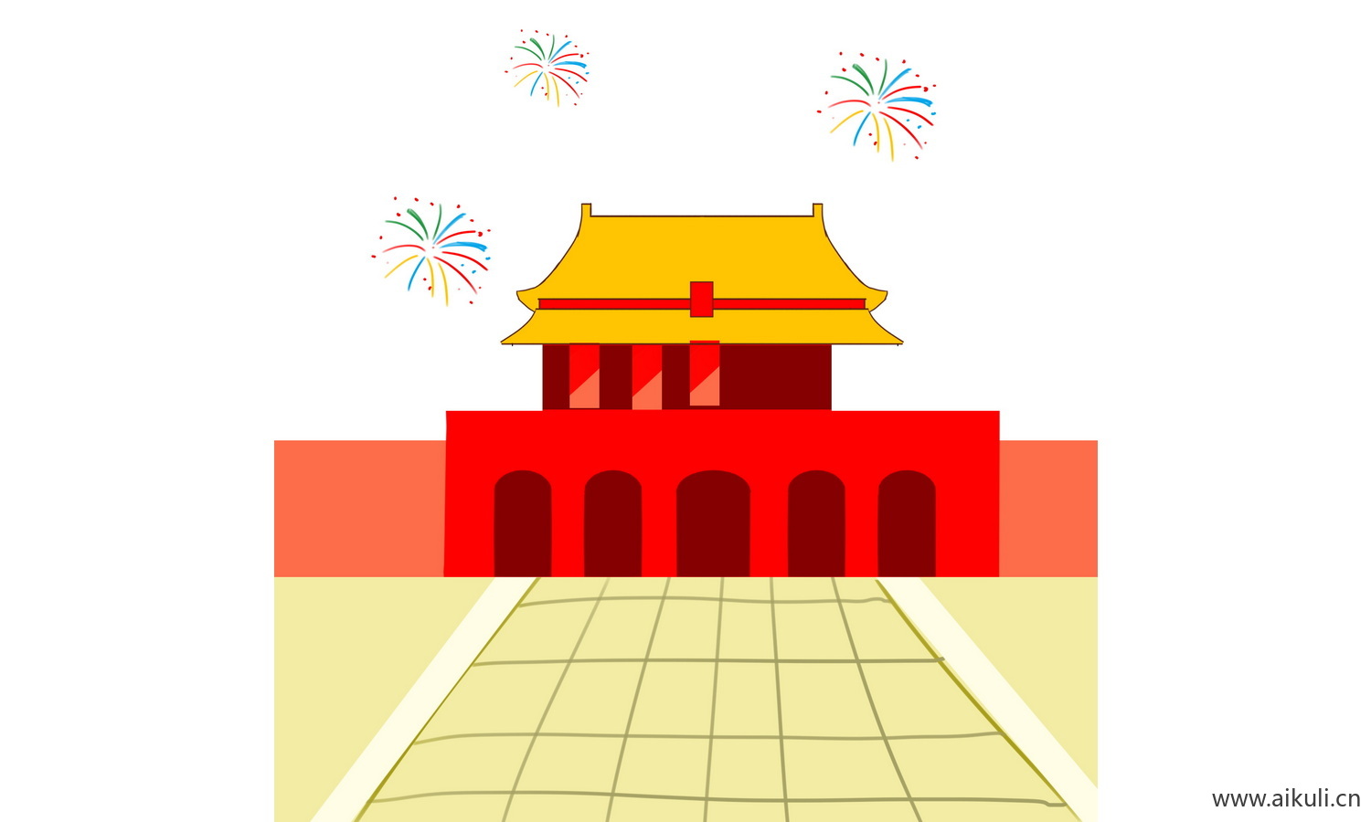 中国风红色节日背景天安门建筑BF手绘插画psd素材