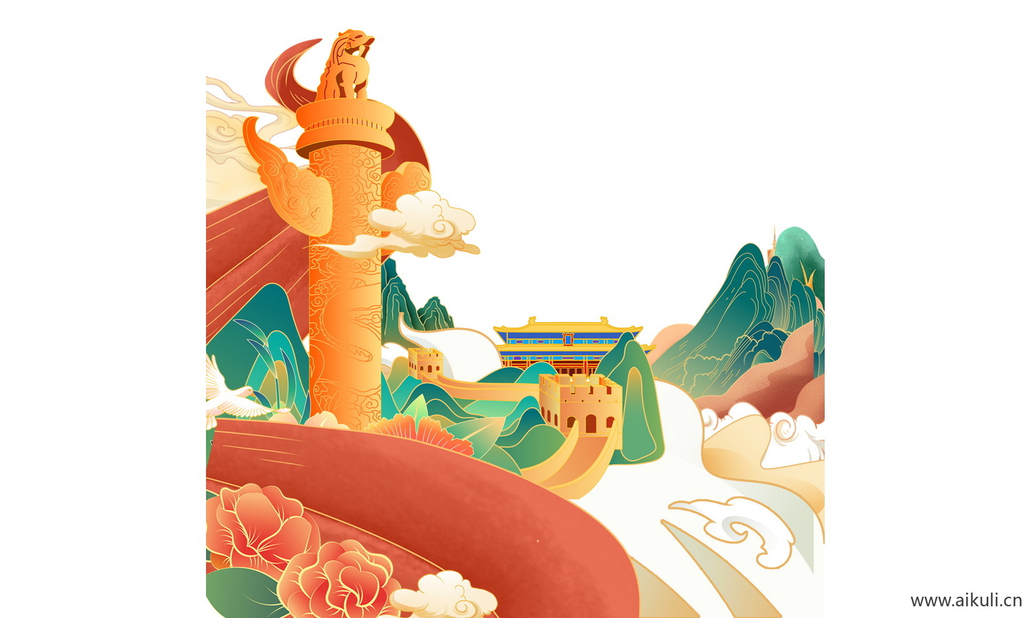 卡通手绘T华表插画素材psd设计素材