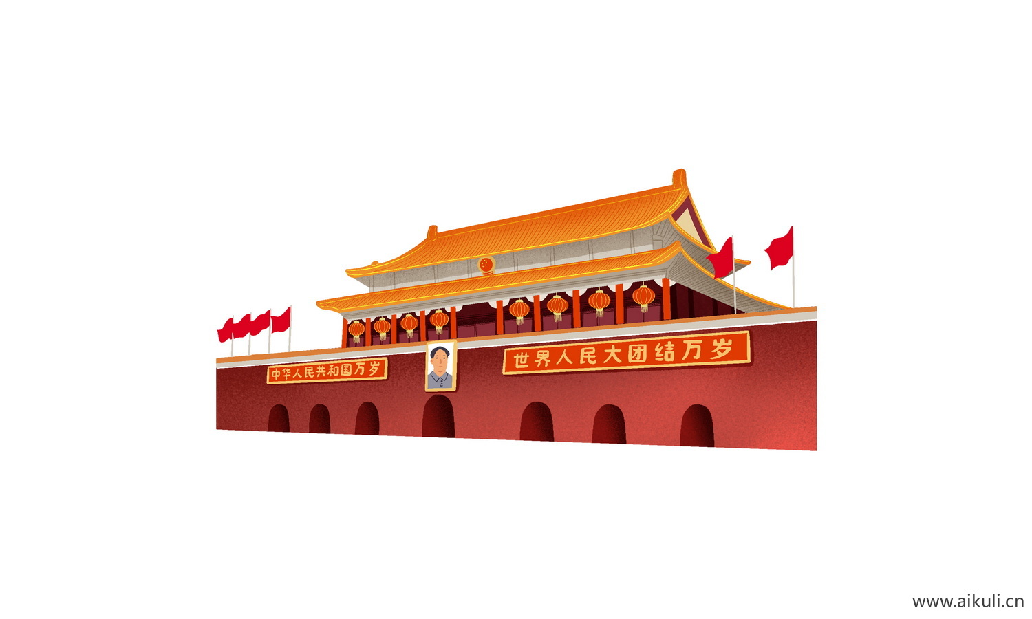 中国风红色节日背景天安门建筑V手绘插画psd素材