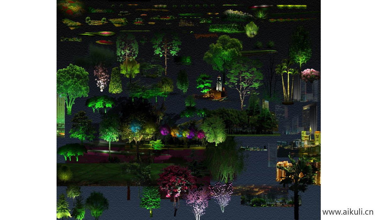 psd夜景免抠植物灯光 灯光树木