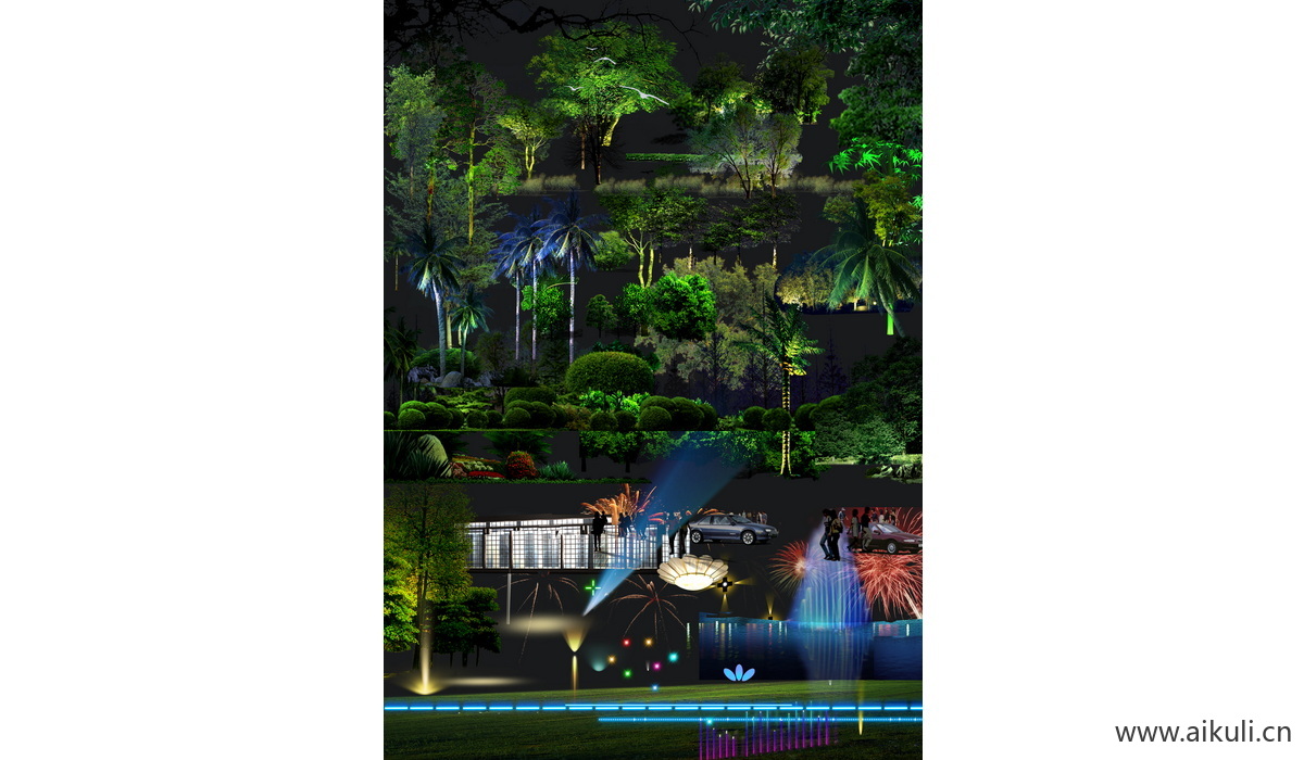 psd夜景植物灯光 灯光树木