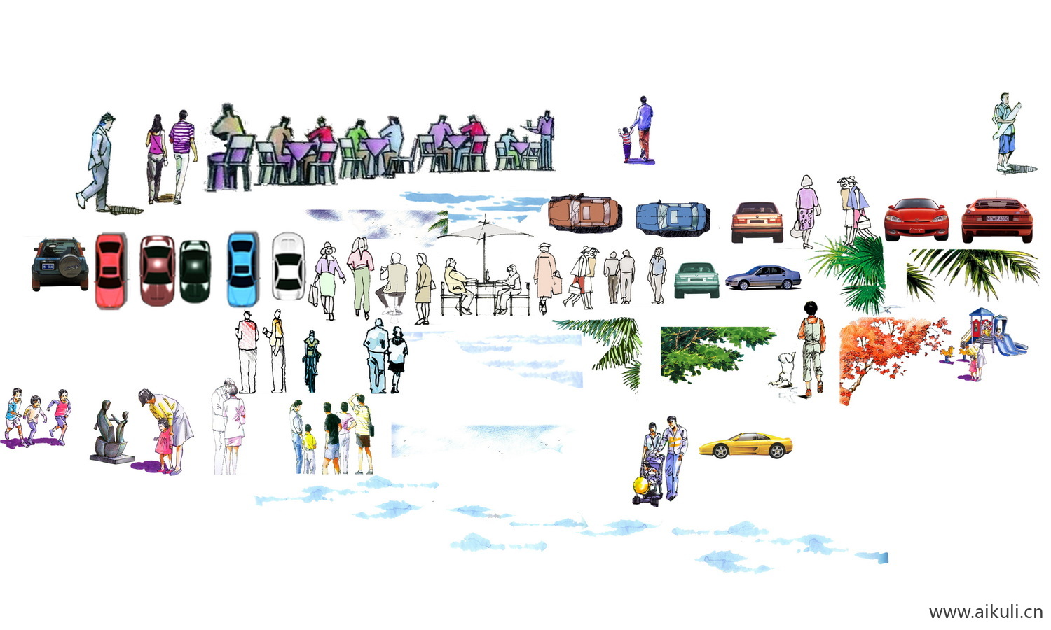 现代景观人物汽车 插画云 人物素材