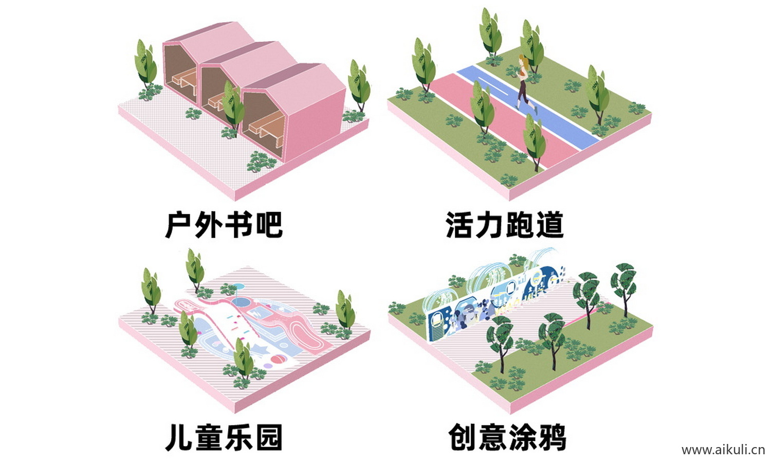 公园广场插画小场景空间分析图模块PSD分析图片